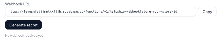 The Webhooks block in codrep Settings with the webhook URL, a Generate secret button and "No webhook received yet".