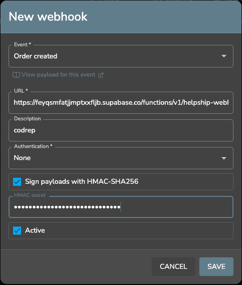 Helpship New webhook form: Order created, the codrep URL, Authentication None, HMAC-SHA256 signing ticked, secret filled, Active ticked.