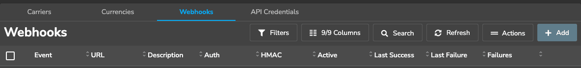 Helpship's Webhooks tab with an Add button and an empty list with Event, URL, Auth, HMAC, Active and Failures columns.
